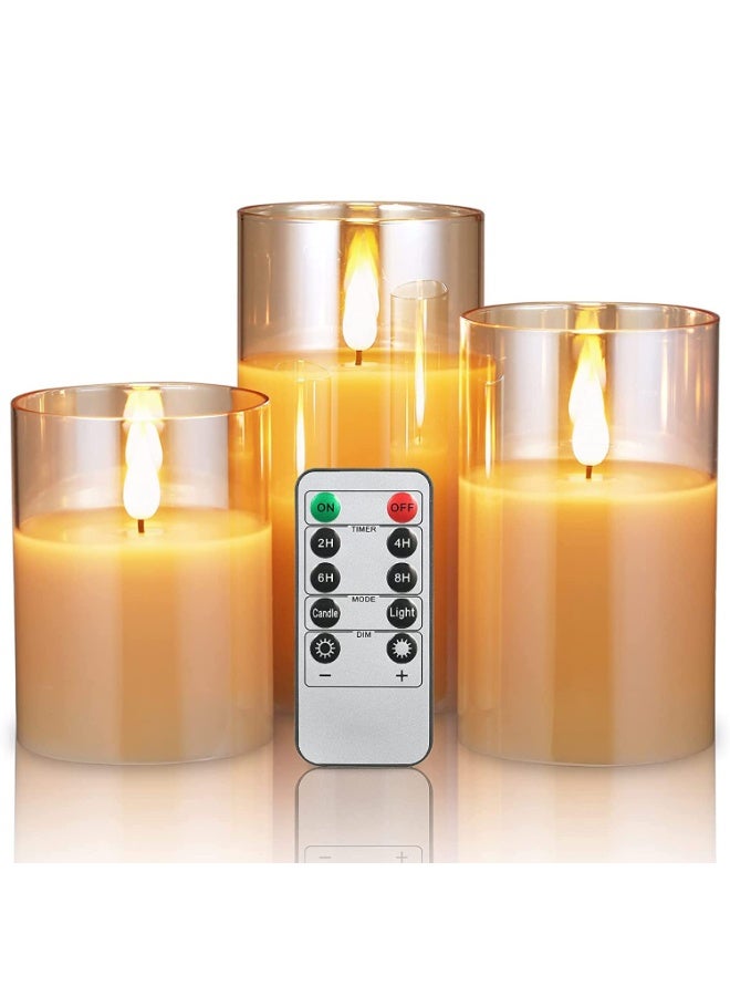 شموع زجاجية تعمل بالبطارية بتقنية LED بدون لهب، مزودة بجهاز تحكم عن بعد ومؤقت، شموع شمع حقيقي بإضاءة دافئة متلألئة لتزيين حفلات الزفاف والمناسبات المنزلية (عبوة من 3) - ذهبي - Image 1